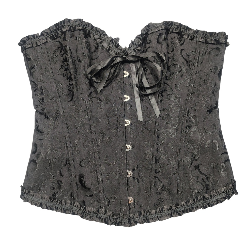 Unbranded Corset Top Women L Lace Up Ruffle Damask Jacquard Black Vintage Style